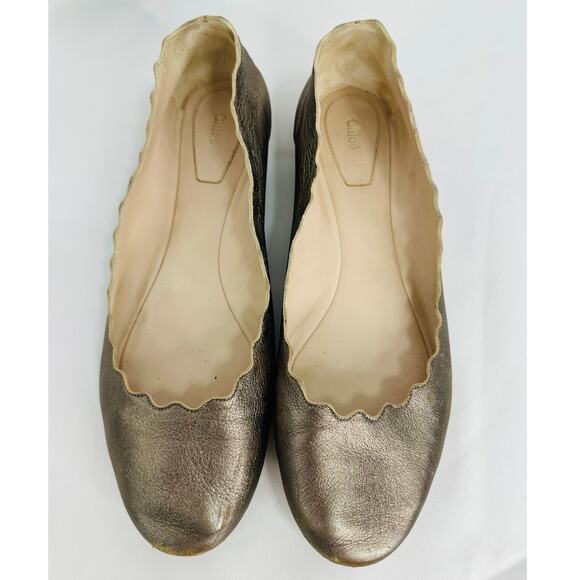 Chloé Lauren Scalloped Metallic Leather Ballerina Flats Gold Size 38 / 8 - Picture 7 of 9